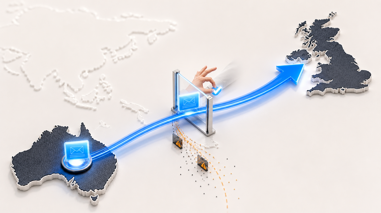 Reviewed website enquiry travelling from Australia to the UK while suspicious submissions are diverted.