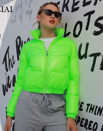 women's neon shiny short padded jacket