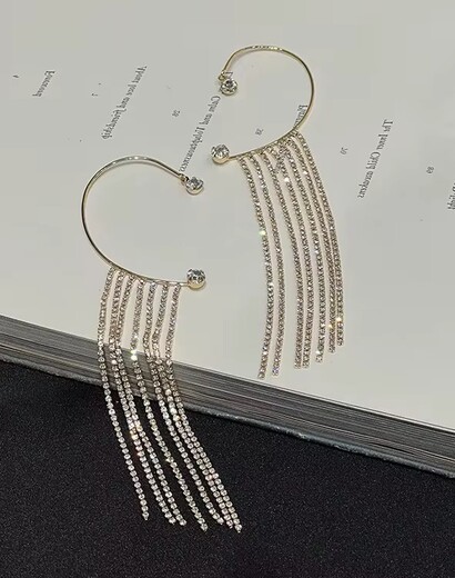 Luxury long rhinestone tassel ear cuffs